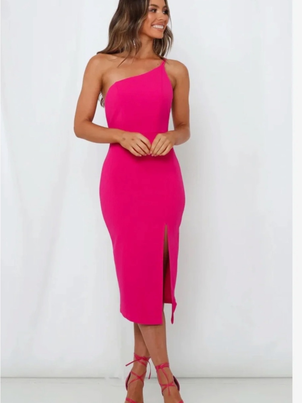 Hello Molly Vibrant Pink One-Shoulder Midi Dress with Side Slit